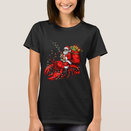 Santa Claus Riding Lobster Lights Christmas Fishin Tシャツ (正面)