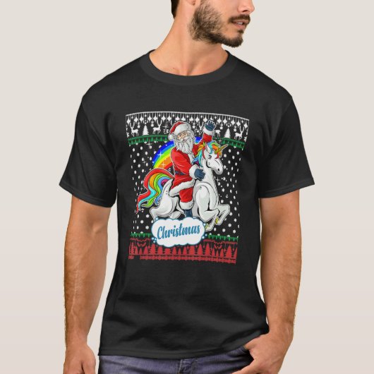 Santa Claus Riding On A Unicorn Ugly Christmas Swe Tシャツ (正面)