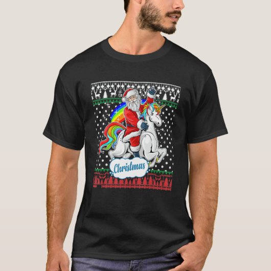Santa Claus Riding On A Unicorn Ugly Christmas Swe Tシャツ (正面)