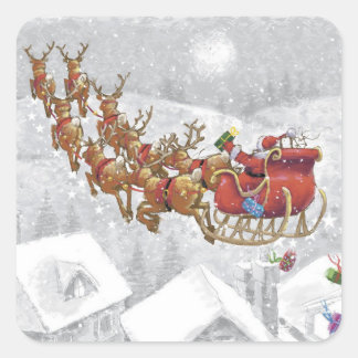 Santa Claus riding on sleigh with gift box スクエアシール