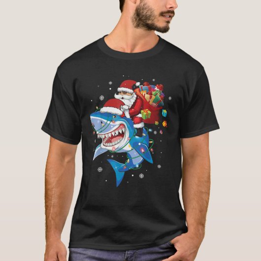 Santa Claus riding shark lover Merry Christmas Xma Tシャツ (正面)