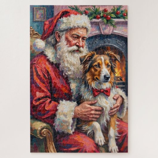 Santa Claus Shetland Sheepdog Christmas Art ジグソーパズル (縦)