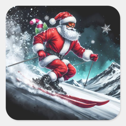 Santa Claus Skiing Down Snowy Mountains in Winter スクエアシール (正面)