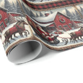 Santa Claus Sleigh Reindeer Barn Christmas Country ラッピングペーパー (ロールコーナー)