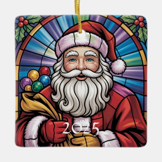 Santa Claus Stained Glass Art – Colorful Christmas セラミックオーナメント (正面)