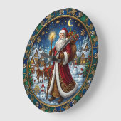 Santa Claus Stained Glass Holiday Scene ラージ壁時計 (傾斜)