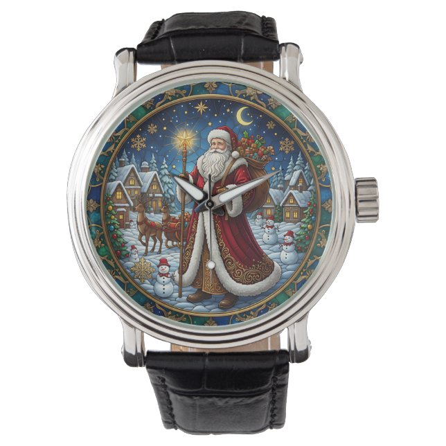 Santa Claus Stained Glass Holiday Scene 腕時計 (正面)