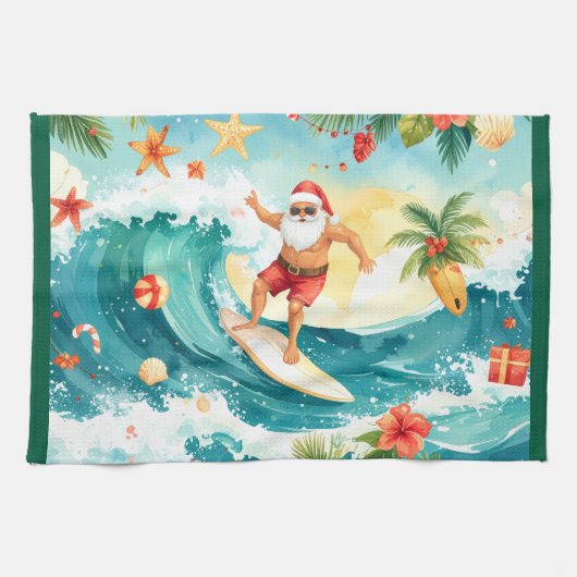 Santa Claus surfing on Christmas Holiday  キッチンタオル (横)