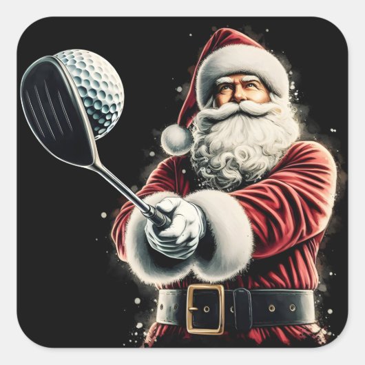 Santa Claus Swinging a Golf Club in Festive Attire スクエアシール (正面)