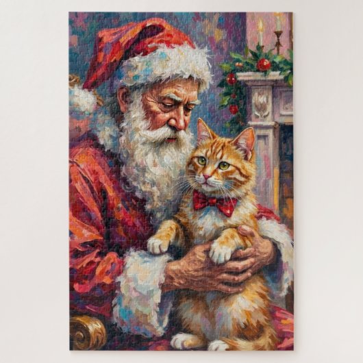 Santa Claus Turkish Angora Cat Christmas Art ジグソーパズル (縦)