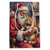 Santa Claus Turkish Angora Cat Christmas Art ミディアムペーパーバッグ (正面)