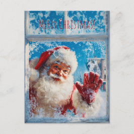 Santa Claus waving cheerfully from a snowy window ポストカード
