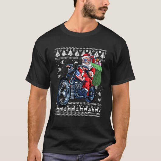 Santa Claus With Motorcycle Xmas Tree Ugly Christm Tシャツ (正面)
