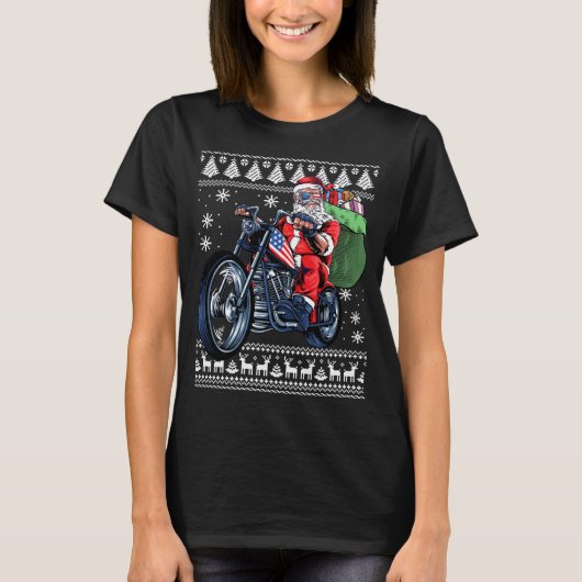 Santa Claus With Motorcycle Xmas Tree Ugly Christm Tシャツ (正面)