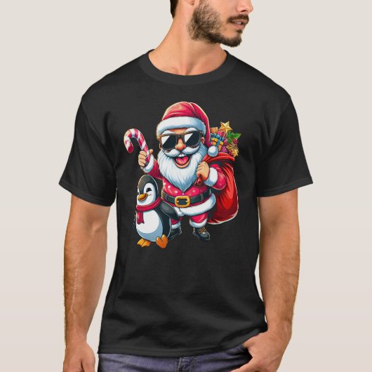 Santa Claus with Penguin Funny Christmas Boys Girl Tシャツ (正面)