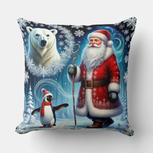 Santa Claus With Polar Bear And Penguin クッション (正面)