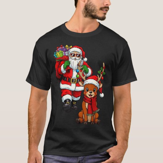 Santa Claus With Reindeer And Cool Christmas  Tシャツ (正面)