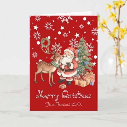Santa Claus with reindeer whimsical Greeting Card カード (黄色い花)