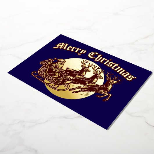 Santa Clause In Sleigh & Reindeer Christmas 箔シーズンカード (回転した状態)