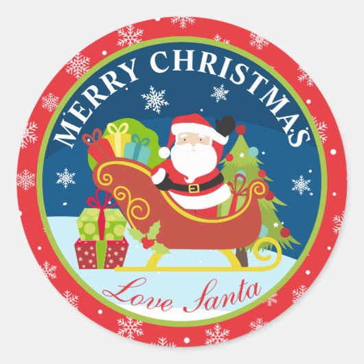 Santa Clause Sleigh and Presents Merry Christmas ラウンドシール (正面)