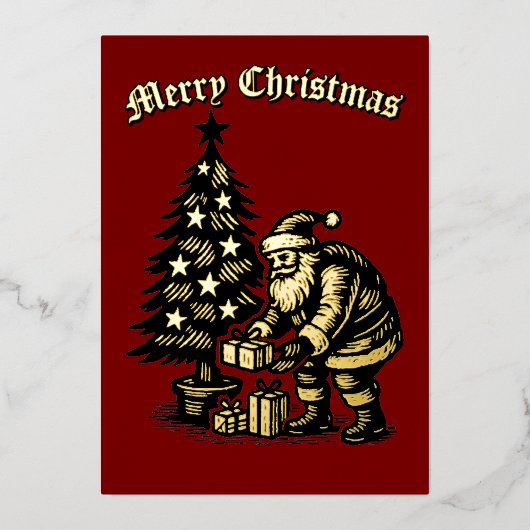 Santa Clause Under Christmas Tree 箔シーズンカード (正面)