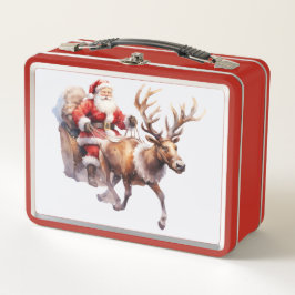Santa Clause with a reindeer pulling his sleigh メタルランチボックス