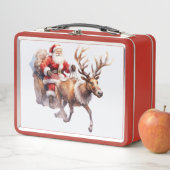 Santa Clause with a reindeer pulling his sleigh メタルランチボックス (インサイチュ)