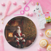 Santa Clause with Christmas Tree & Fireplace ペーパープレート (パーティー)
