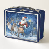 Santa Clause with reindeer sleigh snowy landscape メタルランチボックス (正面)