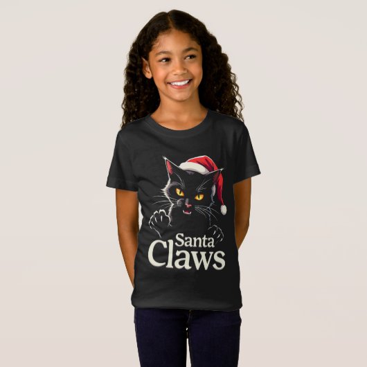 Santa Claws – Funny Black Cat Christmas Design Tシャツ (正面フル)