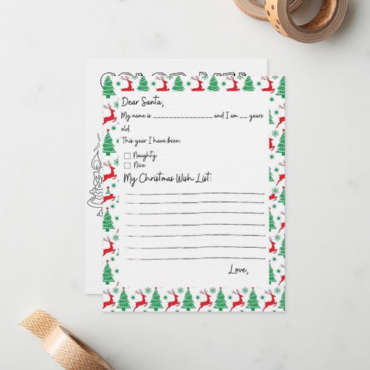 Santa Coloringカードへの子のウィッシュリスト ノートカード (正面/裏面インサイチュ)