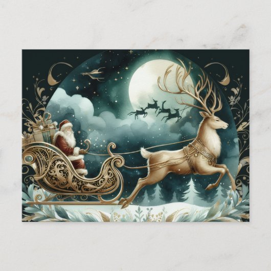 Santa coming on a deer sleight Golden ポストカード (正面)