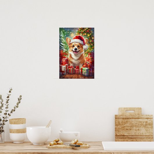 Santa Corgi Christmas Canvas Wall Art Poster ポスター (キッチン)