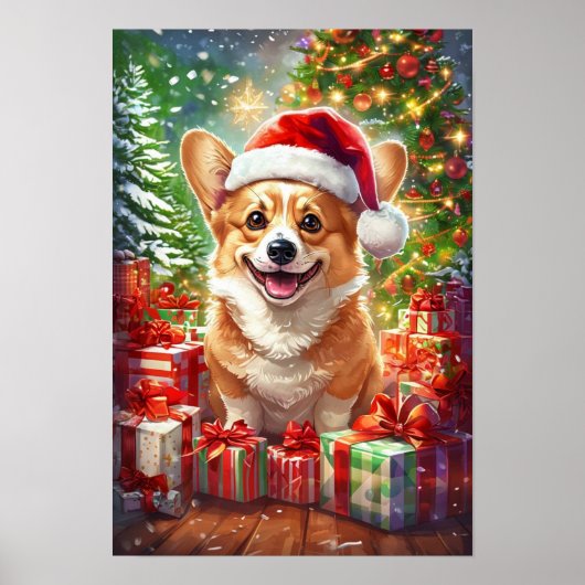 Santa Corgi Christmas Canvas Wall Art Poster ポスター (正面)