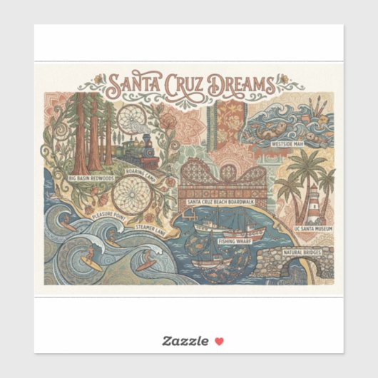 Santa Cruz California Dreams Map UCSC Surfing シール (シート)