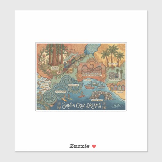 Santa Cruz California Dreams Map – Vibrant Coast シール (シート)
