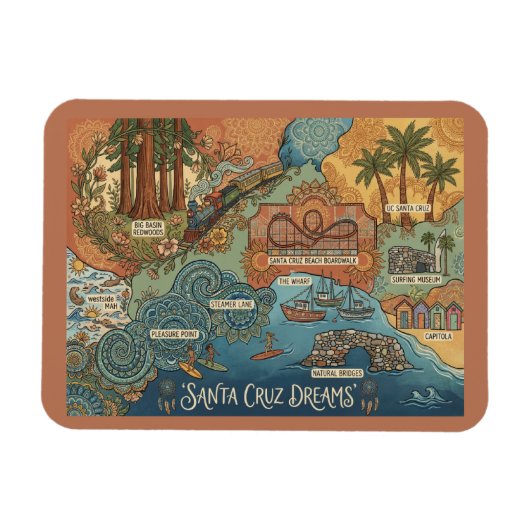 Santa Cruz California Dreams Map – Vibrant Coast マグネット (横)