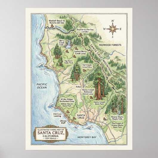 Santa Cruz California Hiking Map Big Basin ポスター (正面)
