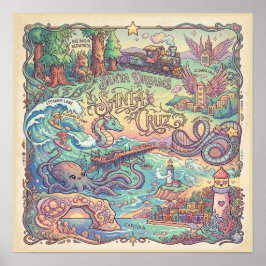 Santa Cruz California Illustrated Map Dreamscape  ポスター