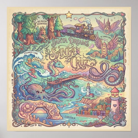 Santa Cruz California Illustrated Map Dreamscape  ポスター (正面)