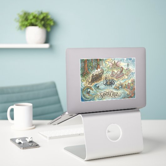 Santa Cruz California Illustrated Map Mythical シール (デスク上のノートパソコン)