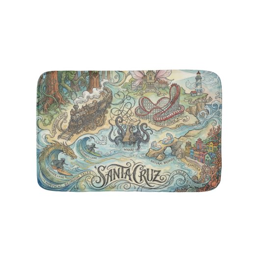 Santa Cruz California Illustrated Map Mythical バスマット (正面)