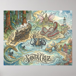 Santa Cruz California Illustrated Map Mythical ポスター