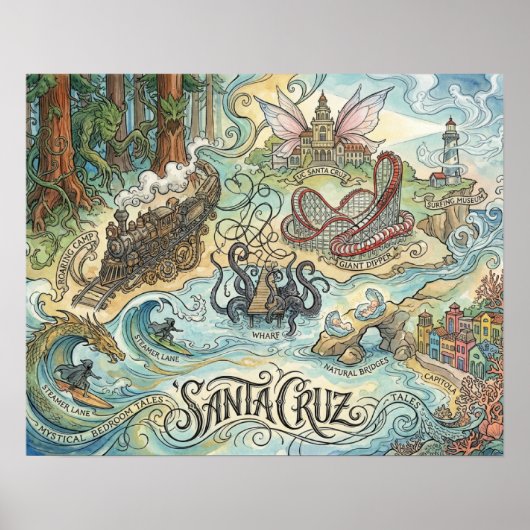 Santa Cruz California Illustrated Map Mythical ポスター (正面)
