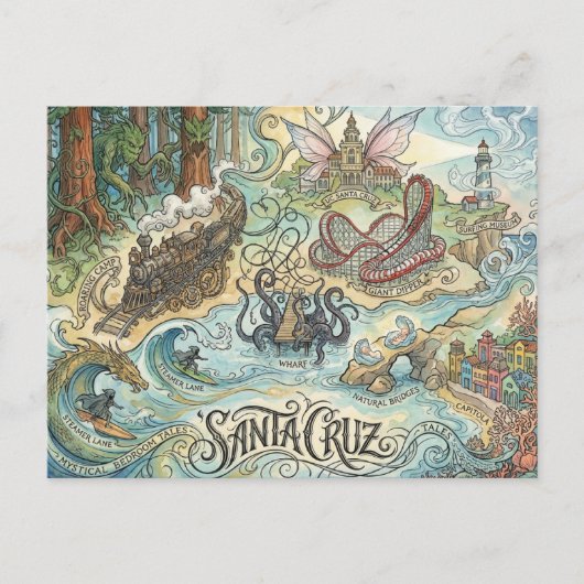 Santa Cruz California Illustrated Map Mythical ポストカード (正面)