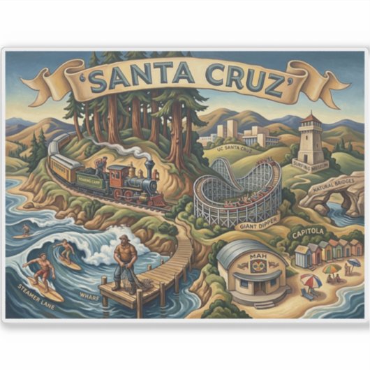 Santa Cruz California Illustrated Map UCSC Wharf シール (正面)