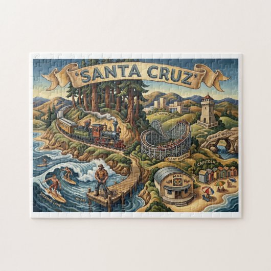 Santa Cruz California Illustrated Map UCSC Wharf ジグソーパズル (横)