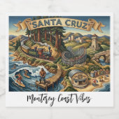 Santa Cruz California Illustrated Map UCSC Wharf ビールラベル (シングルラベル)