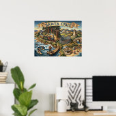 Santa Cruz California Illustrated Map UCSC Wharf ポスター (ホームオフィス)
