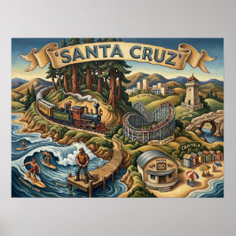 Santa Cruz California Illustrated Map UCSC Wharf ポスター